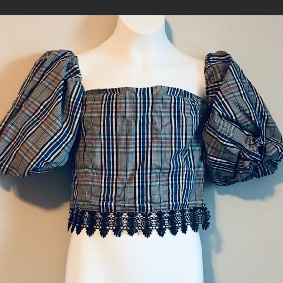 Zara plaid strapless top balloon sleeve - Picture 3 of 8